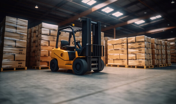 Forklift inside storage hangar, Cardboard parcels on boxes in warehouse area, Delivery service warehouse.