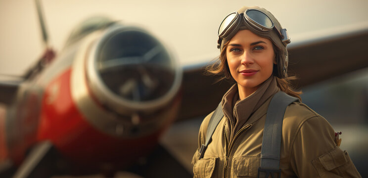 A female pilot stands by a small aircraft, exuding a romantic retro style, evoking a sense of timeless adventure and empowerment. Generative AI