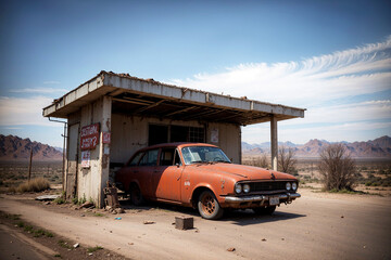 Realistic photo of deserted old broken retro vintage car