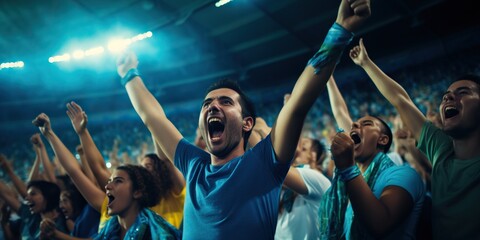 In a soccer stadium, lights illuminate the exuberant scene as fans cheer passionately, creating an electrifying atmosphere of excitement. Generative AI