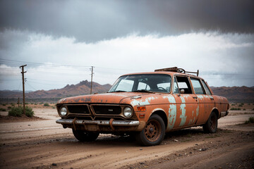 Obraz na płótnie Canvas Realistic photo of deserted old broken retro vintage car