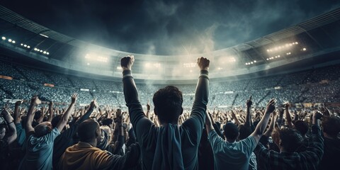 In a soccer stadium, lights illuminate the exuberant scene as fans cheer passionately, creating an electrifying atmosphere of excitement. Generative AI
