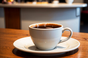 Obraz premium Realistic photo of a coffee cup on wood table in a coffee shop with cozy atmosphere