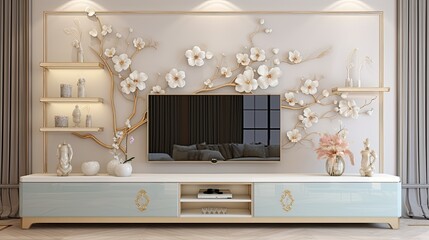cabinet tv modern living room armchair lamp table flower