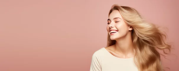 Foto auf Acrylglas Schönheitssalon Smiling young woman with blonde long groomed hair isolated on pastel flat background with copy space. Blonde hair care products banner template, hair salon.
