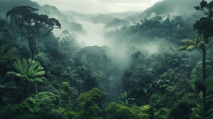 Fototapeta na wymiar Rainforest Landscape With Trees And Fog