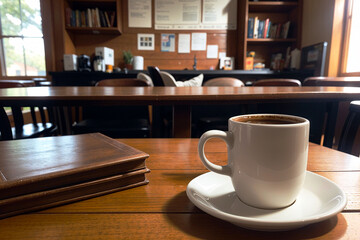 Realistic photo of a coffee cup on wood table in a coffee shop with cozy atmosphere