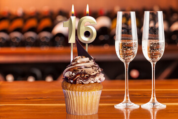 Cupcake With Numbers And Glasses With Wine For Birthday Or Anniversary