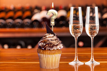 Cupcake With Numbers And Glasses With Wine For Birthday Or Anniversary