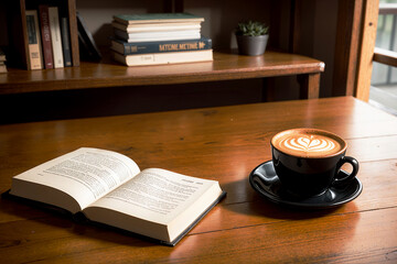 Realistic photo of a coffee cup and book on wood table in a coffee shop with cozy atmosphere
