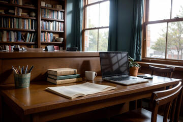 Realistic photo of book and laptop on wood desk in a library study room with cozy atmosphere