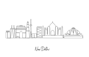 Obraz premium New Delhi India skyline Continuous line drawing. Vector illustration for Travel and tourism design element