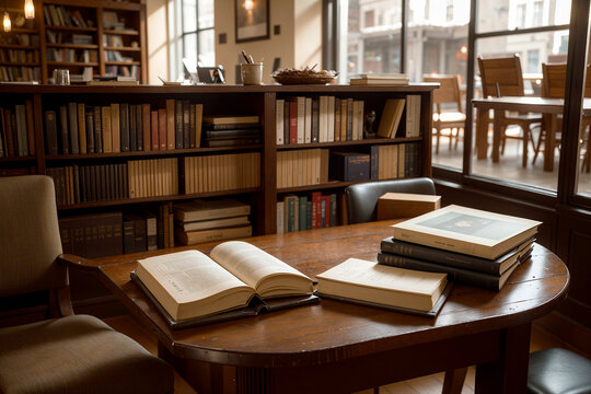 Realistic photo of book on wood desk in a library study room with cozy atmosphere