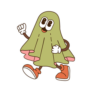 Groovy ghost funny halloween characters. Walking Retro cartoon mascot. Contour hand drawn vector illustration.