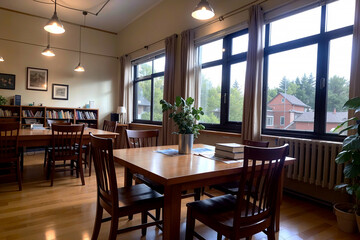 Realistic photo interior of wood table chairs with bright window lighty library study room