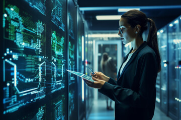 Data Center Female Programmer Using Laptop Computer, Maintenance IT Specialist. In Cloud Computing Server Farm Smiling System Administrator Working on Cyber Security for Iaas, saas, paas. High quality