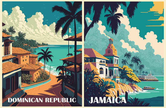 Puerto Plata, Dominican Republic, Montego Bay, Jamaica Travel Destination Poster Set In Retro Style. Tropical Summer Vacation, Exotic Holidays Concept. Vintage Vector Colorful Illustration Scene.