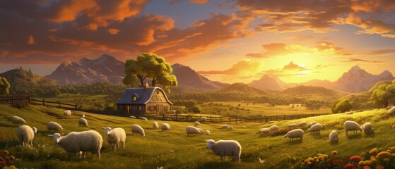 A peaceful farmstead with golden fields and farm animals greeting the morning dawn. 3D illustration ai generate - obrazy, fototapety, plakaty