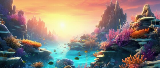 A whimsical underwater world with colorful coral reefs and marine life meeting the morning dawn. 3D illustration ai generate