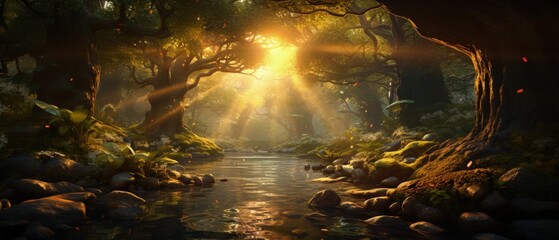 An enchanting forest scene with rays of sunlight filtering through the canopy, meeting the morning dawn. 3D illustration ai generate