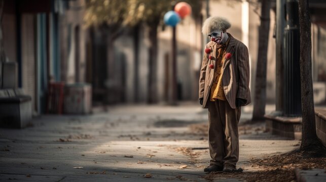 Depressed Clown. Sad Clown. Image with a copy space. Unhappy Clown. Mental health concept. Portrait image of a dressed old man as a traditional clown with balloons. Made With Generative AI.