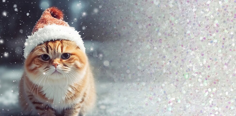 Red young cat with hat in a winter snowy landscape, xmas night with beautiful kitten for warm seasonal greetings. Santa Claus, christmas hat on cute fluffy kitty. Generative Ai