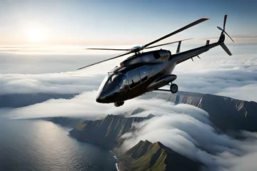 Rolgordijnen a sleek and modern helicopter hovering mid-air against a clear blue sky - AI Generative © Being Imaginative