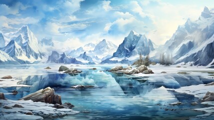 Snowy landscape with glaciers in arctic waters. Incredible scenery of snowy mountains and a clear blue lake. Generative AI