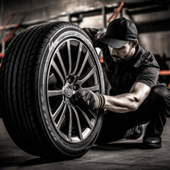 Obraz na płótnie Canvas Car tire mechanic.Auto mechanic working in garage and changing wheel tire.