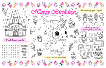 Festive placemat for children. Print out the unicorn themed "Happy Birthday" sheet with maze, word search and coloring page. 17x11 inch printable vector file