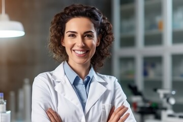 Fototapeta na wymiar smiling female scientist in lab coat looking at camera with crossed arms