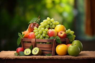 fresh fruits in wooden basket outdoor light