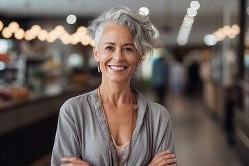 Portrait of smiling mature woman standing with arms crossed at coffee shop