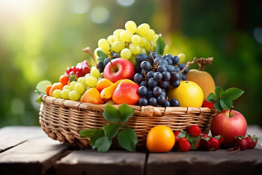 fresh fruits in wooden basket outdoor light