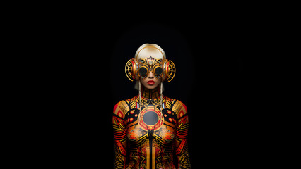 Hübsche Frau mit Kunst Bemalung mit Bodypaining und Airbrush Farben im futuristischen Stil im Porträt als Poster, ai generativ