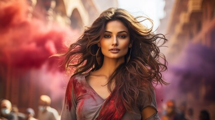 Naklejka premium woman on indian holiday holi