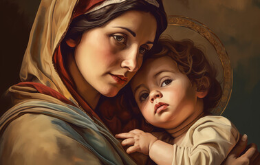 Holy Mary Mother of God and baby jesus , generative AI	
