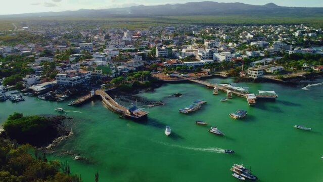 Puerto Ayora town, drone view of Santa Cruz island, Galapagos Islands