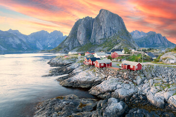 Landscape of Traditional Fishing Village Hamnoya Lofoten Islands, Norway