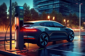 Electric car charging at gas stations in the city, industrial landscape, neon elements, healthy environment without harmful emissions. Eco concept