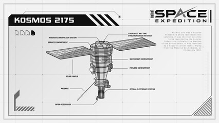 Kosmos 2175 Unveiling Earth from Above a Captivating Photo Reconnaissance Satellite -A Space Expedition Series Infographics Vector Illustration design © BonkersArt