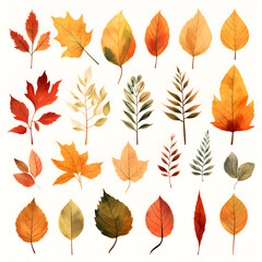 Set of autumn leaves, isolated on white background. Leaves with watercolor texture, autumn fall illustration. Autumn background for social media, promotional materials, ads, banners, postcards. AI