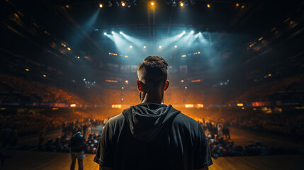 professional basketball player from behind in a court ready to play