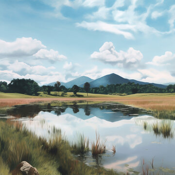 Digital illustration of a mountainous lake scenery. Created using ai generative. 