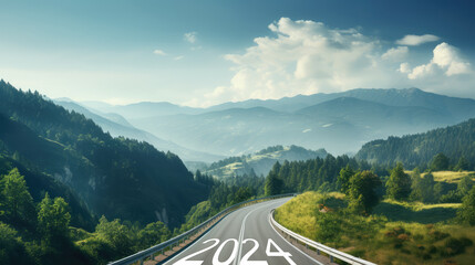 New year 2024 or straight forward road trip travel and future vision concept, Generative AI
