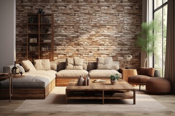 Immerse yourself in the welcoming atmosphere of a modern living room adorned with charming rustic pieces. 3D illustration ai generate