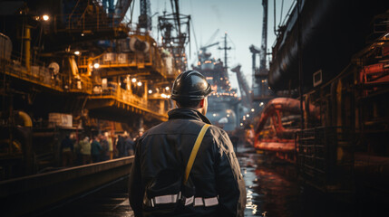 An engineer from behind at a ship dock watching ship  in  construction