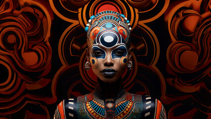 Afrikanische Frau Gesicht mit kunstvoller Bodypainting Bemahlung und bunter Dekoration Poster Nahaufnahme, ai generativ 