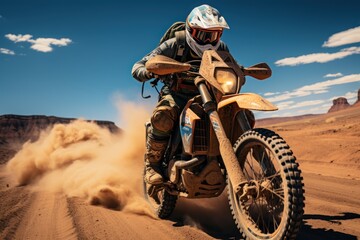 Fototapeta na wymiar Rider on a cross-country enduro motorcycle go fast at the desert. Enduro racing driver take a corner with a splashes of sands and dust. Drift. Made With Generative AI.
