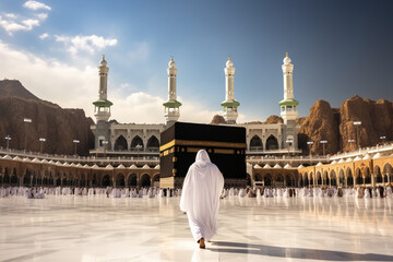 Man in pilgrim performing haj or umrah in front of kaaba, Mecca  - obrazy, fototapety, plakaty